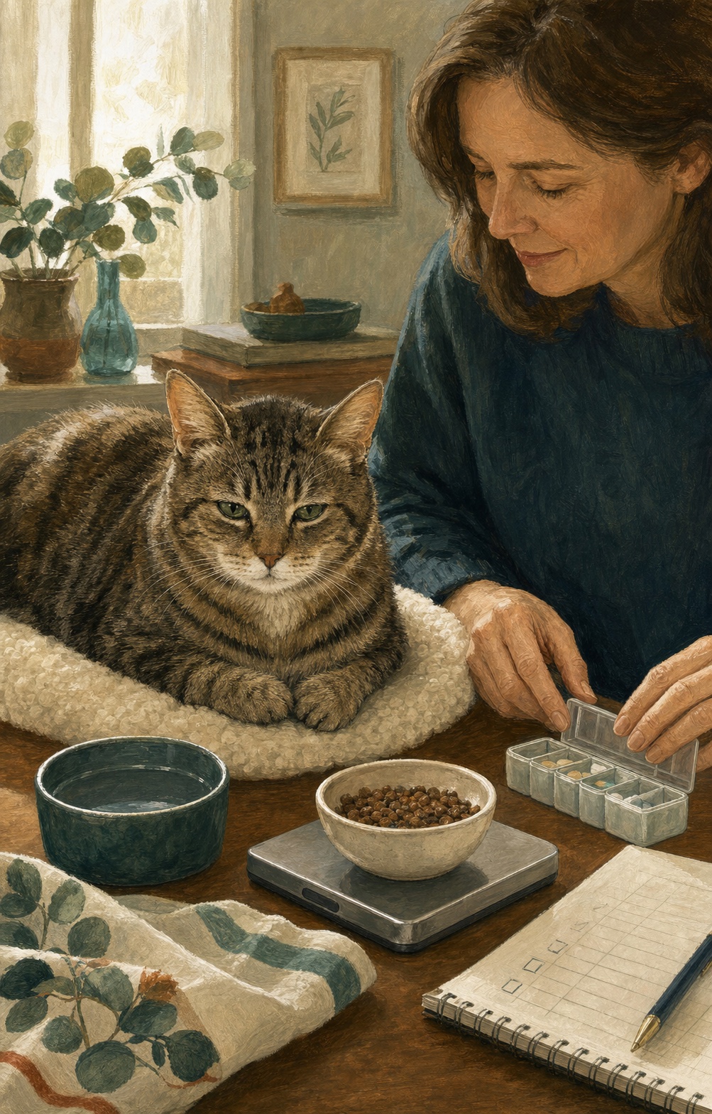 猫咪家长在家中准备食物、饮水与药物的手绘插画