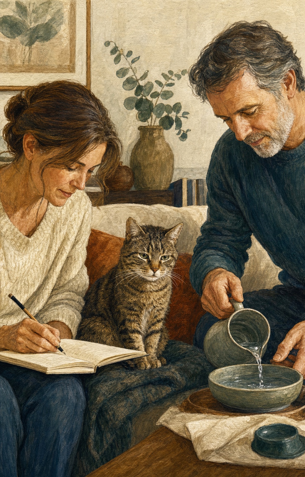 两位家人一起照护同一只猫咪的手绘插画