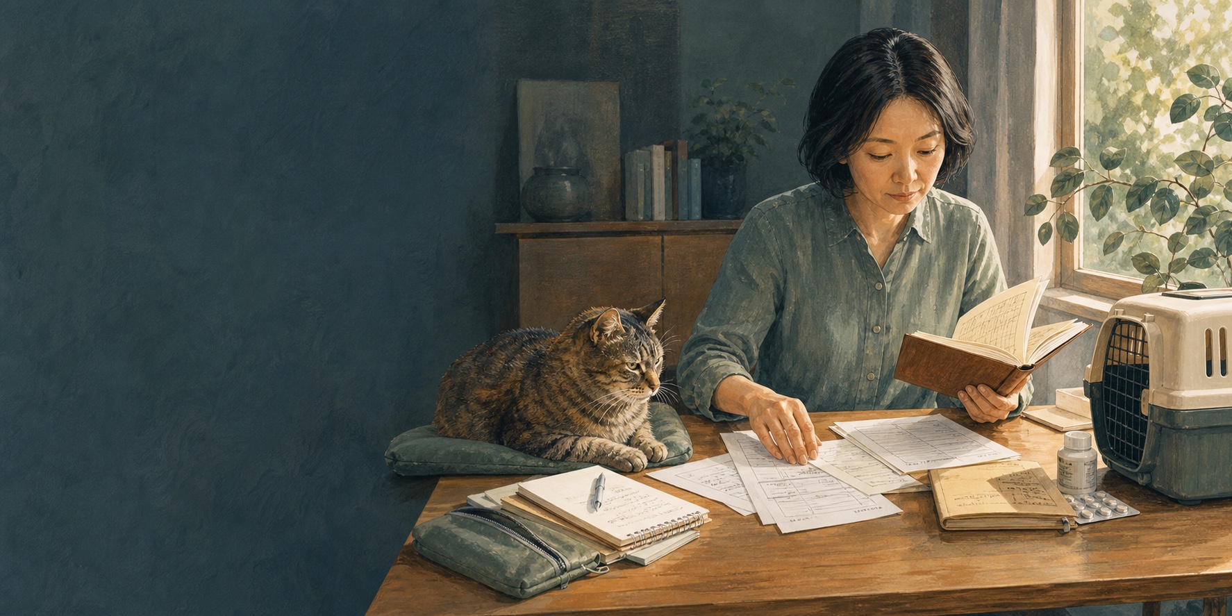 猫咪家长在复诊前整理长期照护与检查资料的手绘插画