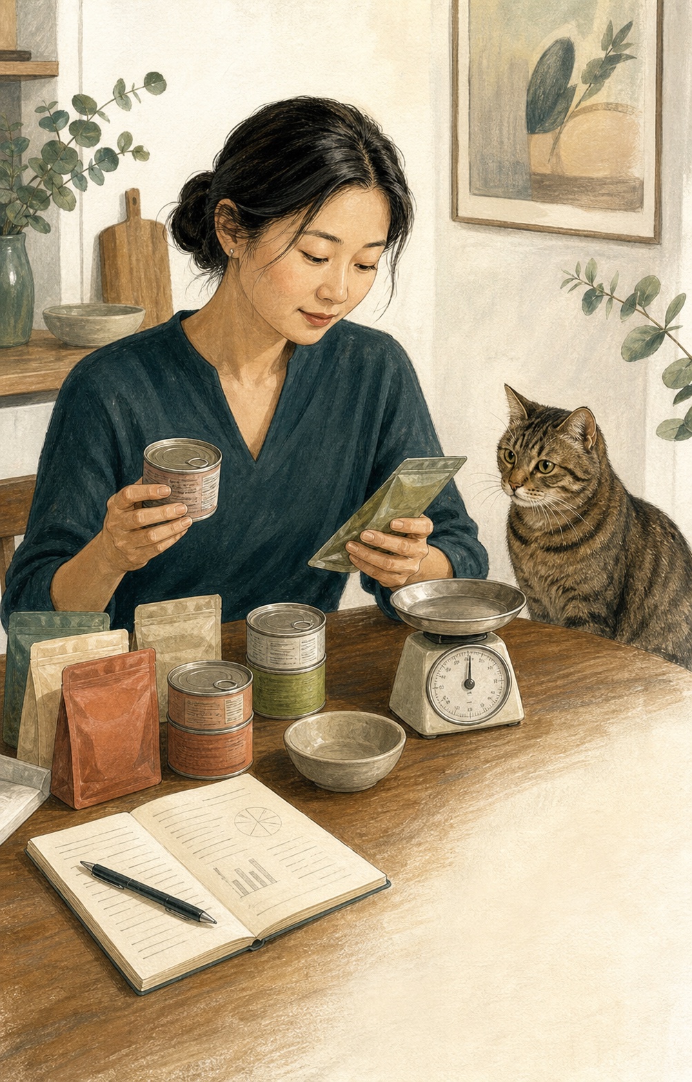 猫咪家长比较多款猫粮并整理营养资料的手绘插画