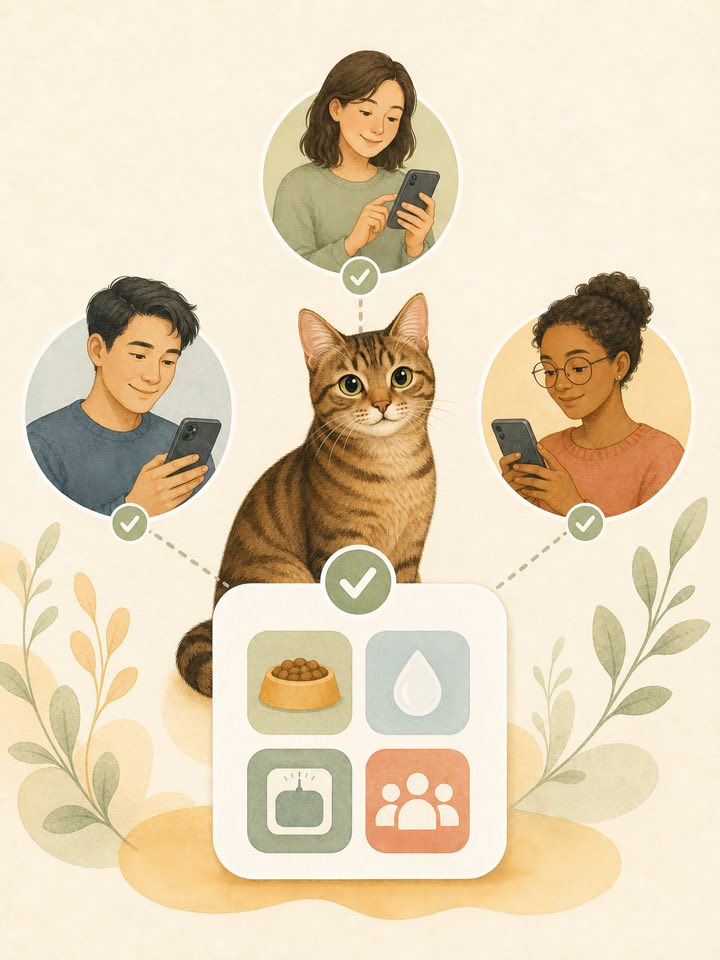 家人共同照护同一只猫咪