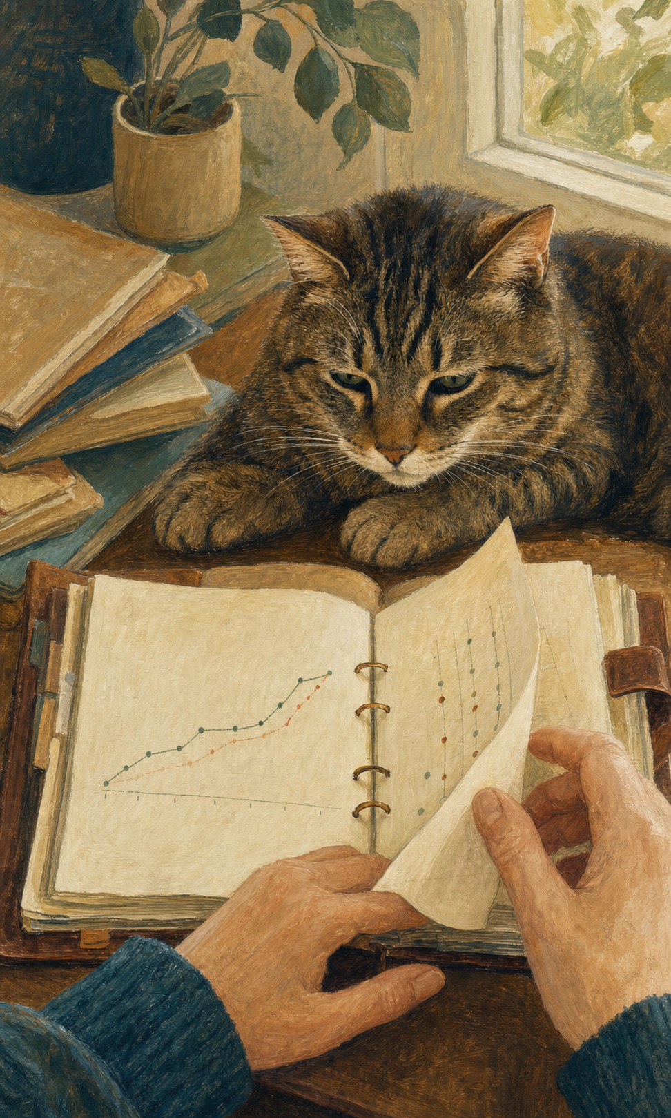 猫咪陪在一本记录长期变化的照护手册旁的手绘插画